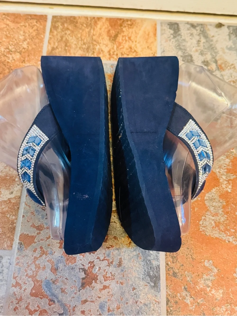 NWOB! Yellow Box Embellished Blue Gem and Rhinestone Platform Thong Sandals! - Picture 7 of 15